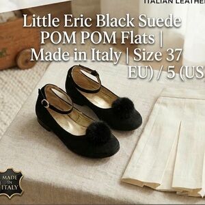 Little Eric NY Black Suede Pom Pom Mary Jane Flats Girls EU 37 US 5 Italy